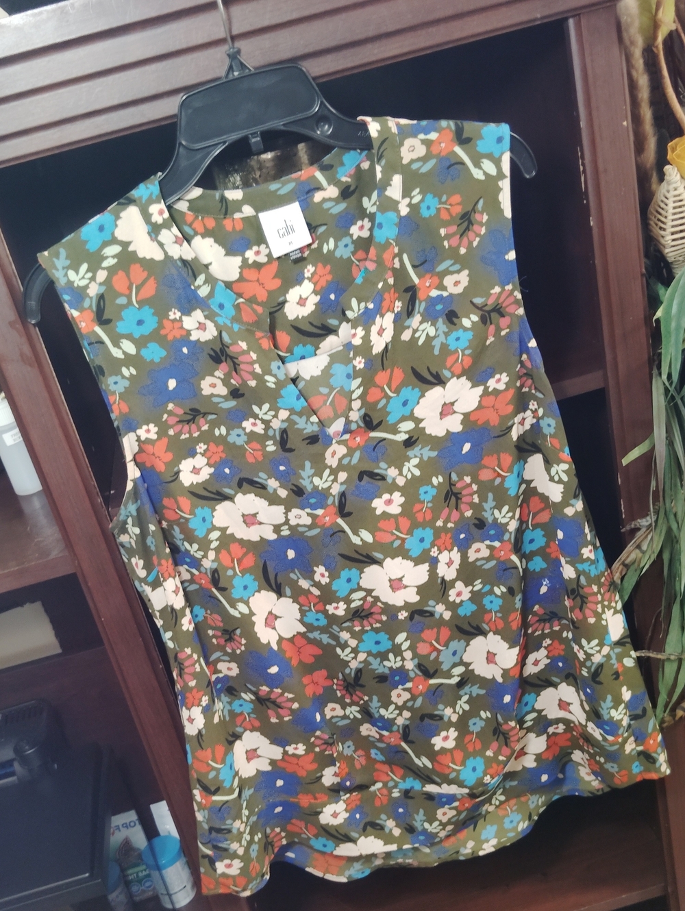 CAbi Olive Floral V-Neck Camisole with Blue, Cream & Rust Flowers